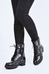 Black PU Stud Zip Detail Biker Boots - Golda-Shoes