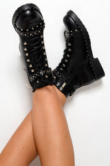 Black PU Studded Biker Boots - Bailee-Boots