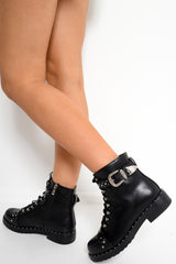 Black PU Studded Biker Boots - Bailee-Boots
