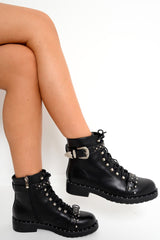 Black PU Studded Biker Boots - Bailee-Boots