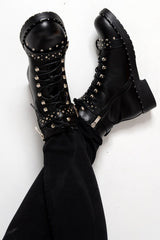 Black PU Studded Biker Boots - Bailee-Boots