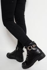 Black PU Studded Biker Boots - Bailee-Boots