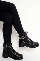 Black PU Studded Biker Boots - Bailee-Boots