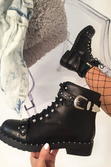 Black PU Studded Biker Boots - Bailee-Boots