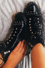 Black PU Studded Biker Boots - Bailee-Boots