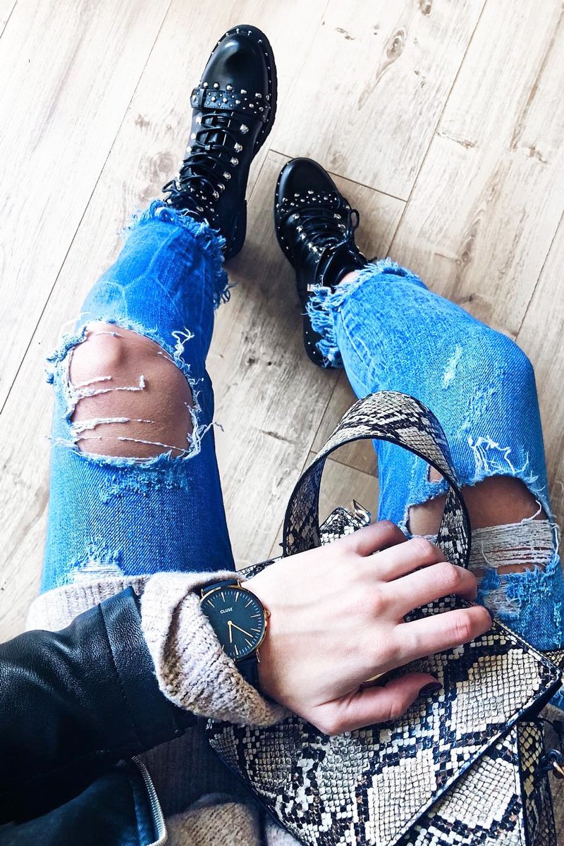 Black PU Studded Biker Boots - Bailee-Boots