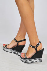 Black PU Studded Braided Wedges - Ryane-Wedges