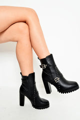 Black PU Studded Buckle Heeled Boots - Clyde-Boots