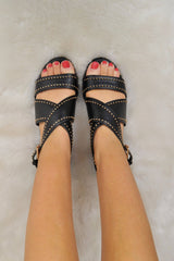 Black PU Studded Cross Over Sandals - Aubrie-Sandals