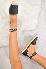 Black PU Studded Espadrilles - Hartley-Flats