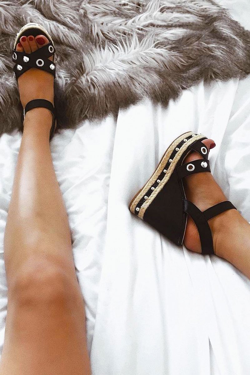 Black PU Studded Platforms - Keiko-Wedges