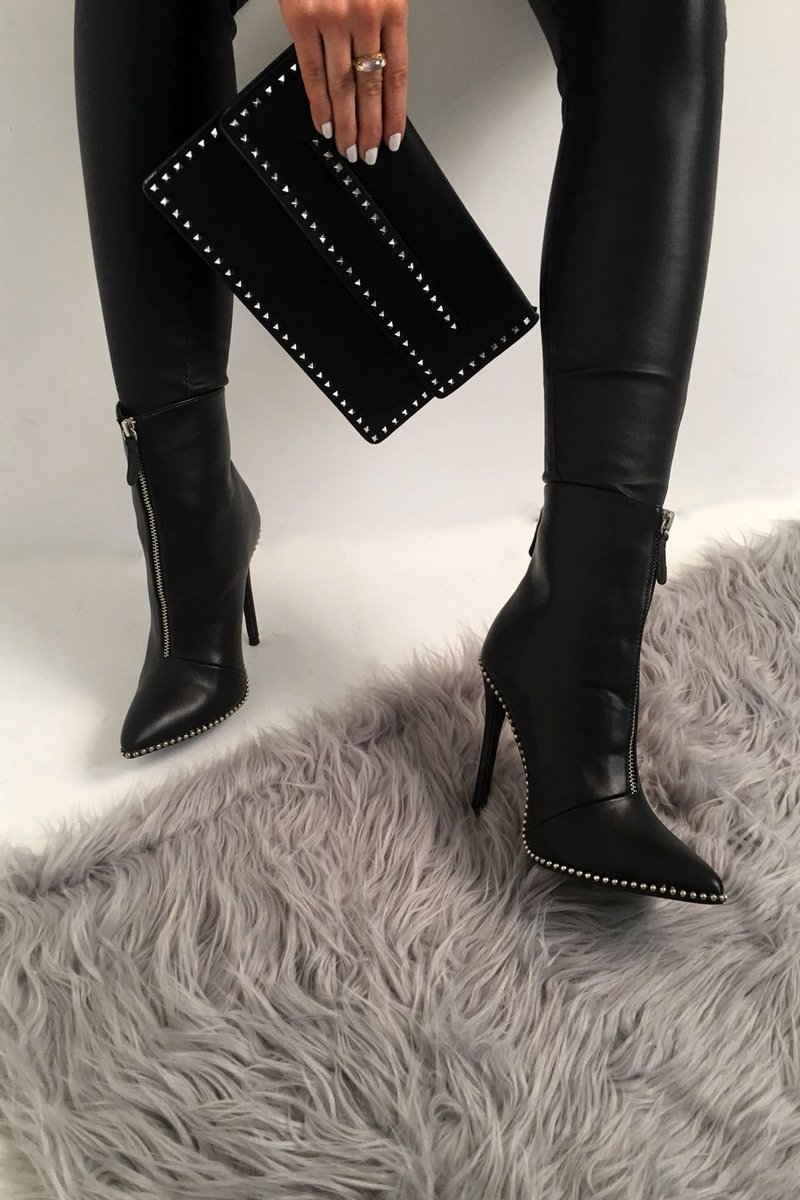 Black PU Studded Zip Up Shoe Boots - Niomi-Boots