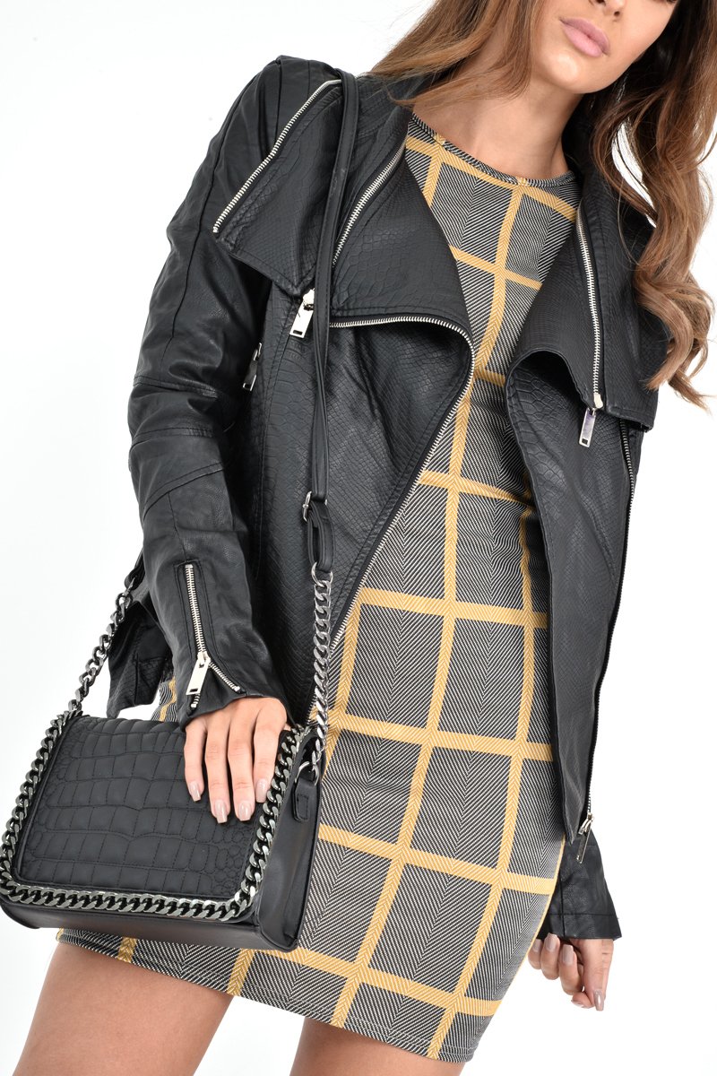 Black PU Textured Zip Detail Biker Jacket - Indica-Jackets