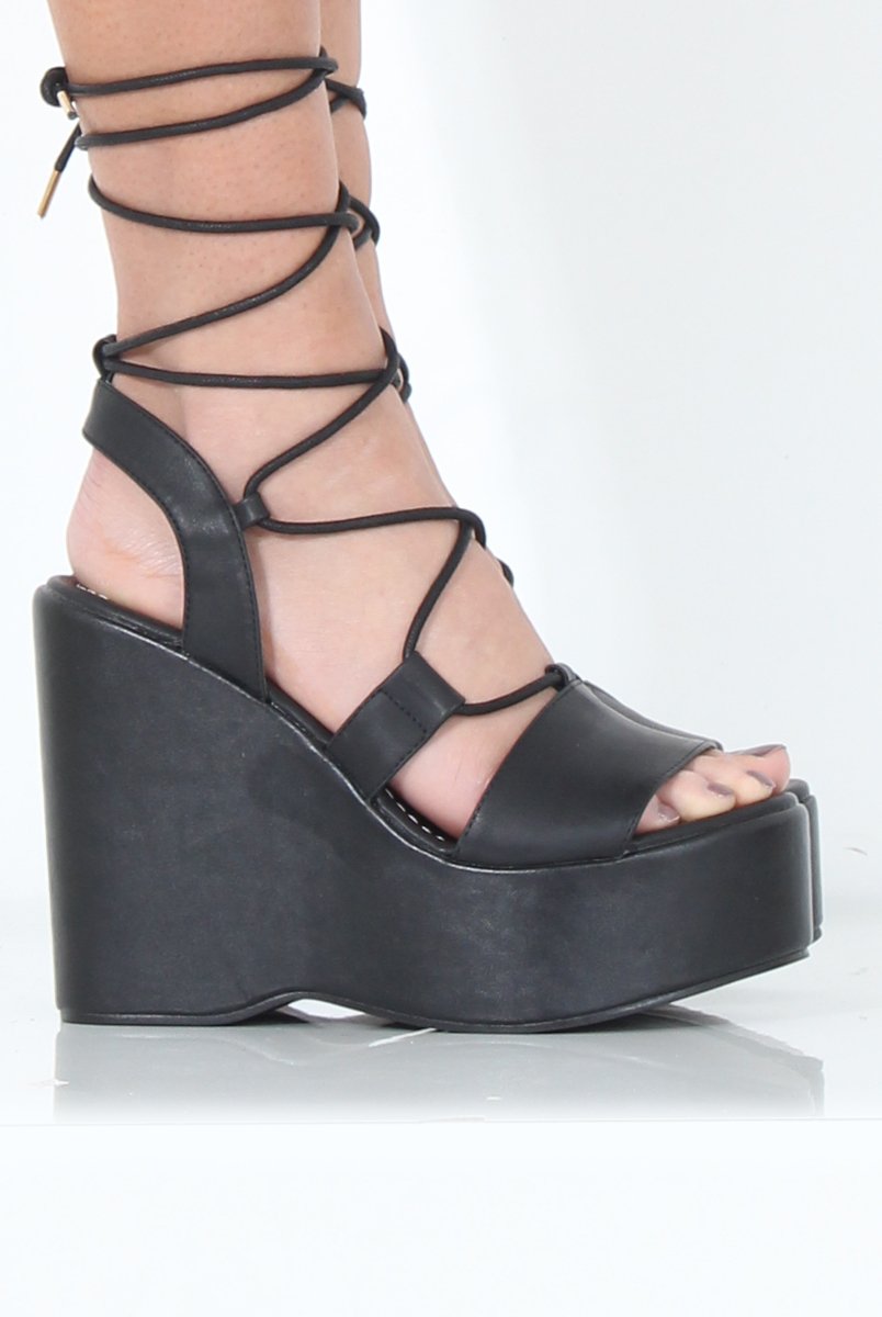 Black PU Tie Up Wedges - Dayna-Wedges