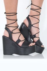 Black PU Tie Up Wedges - Dayna-Wedges