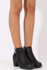 Black PU Zip Detail Ankle Heeled Boots - Casey-Boots