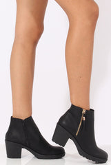 Black PU Zip Detail Ankle Heeled Boots - Casey-Boots