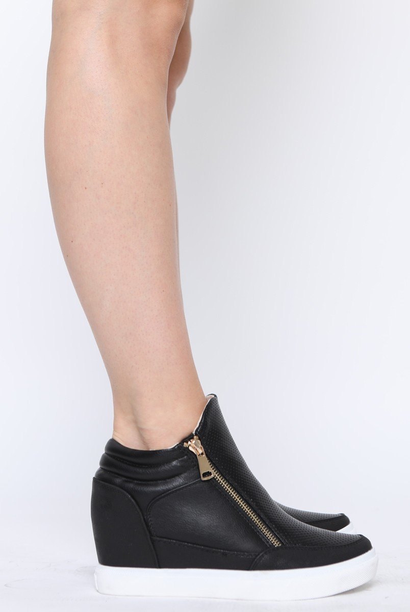 Black PU Zip Detail Wedged Trainers - Valarie-Trainers