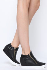 Black PU Zip Detail Wedged Trainers - Valarie-Trainers