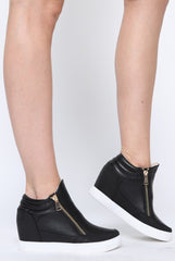 Black PU Zip Detail Wedged Trainers - Valarie-Trainers