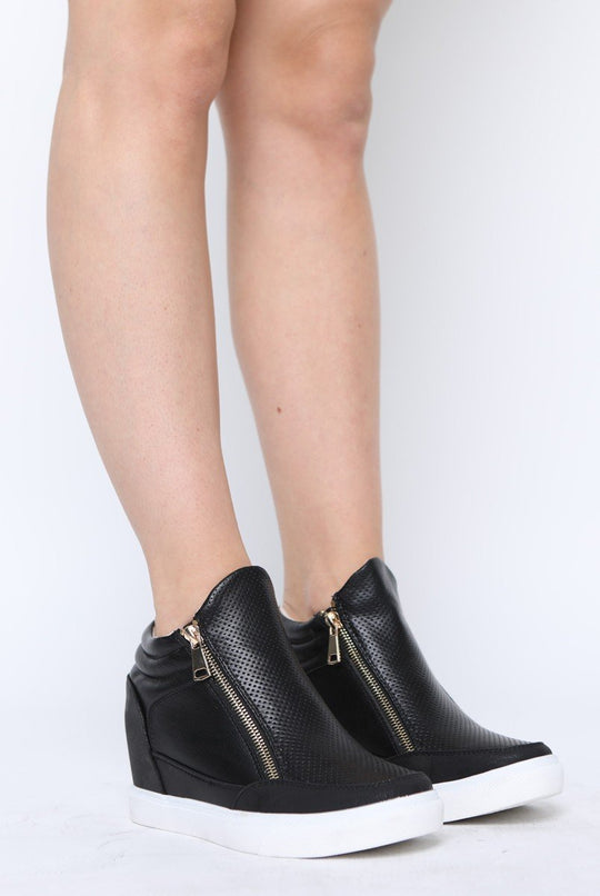 Black PU Zip Detail Wedged Trainers - Valarie