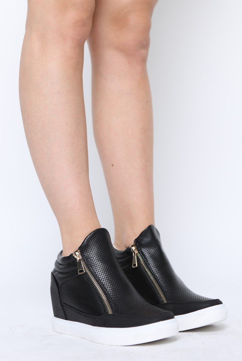 Black PU Zip Detail Wedged Trainers - Valarie-Trainers