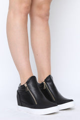Black PU Zip Detail Wedged Trainers - Valarie-Trainers
