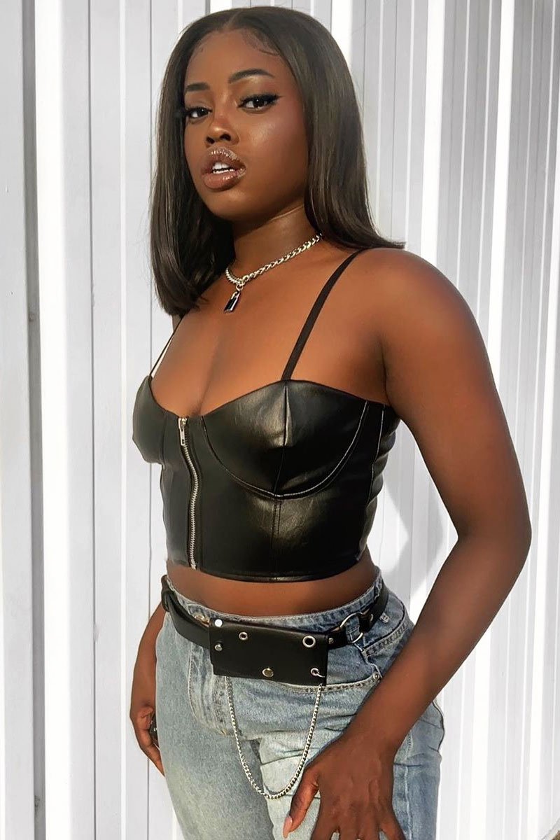 Black PU Zip Front Bralet - Linsa-Crop Tops