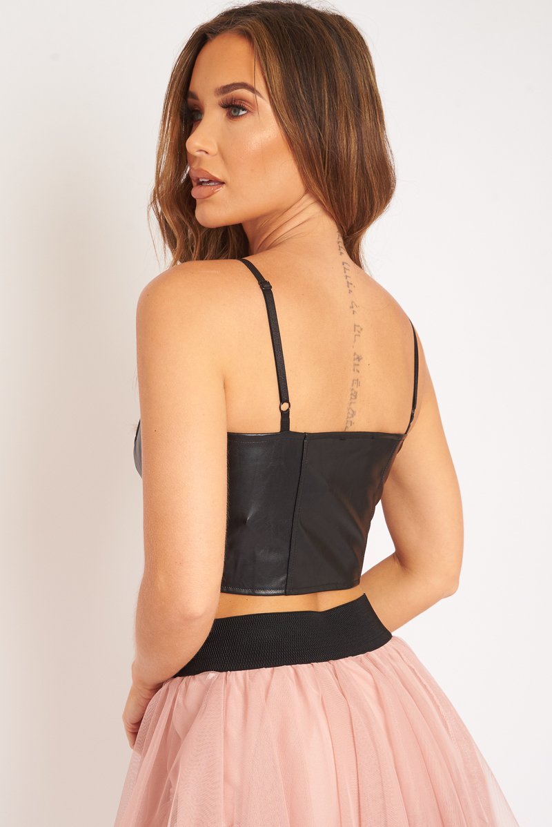 Black PU Zip Front Bralet - Linsa-Crop Tops