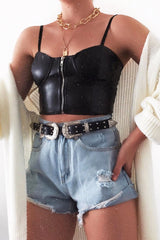 Black PU Zip Front Bralet - Linsa-Crop Tops
