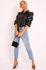 Black PU leather 3/4 Puff Sleeve Shirt - Pyper-Shirts