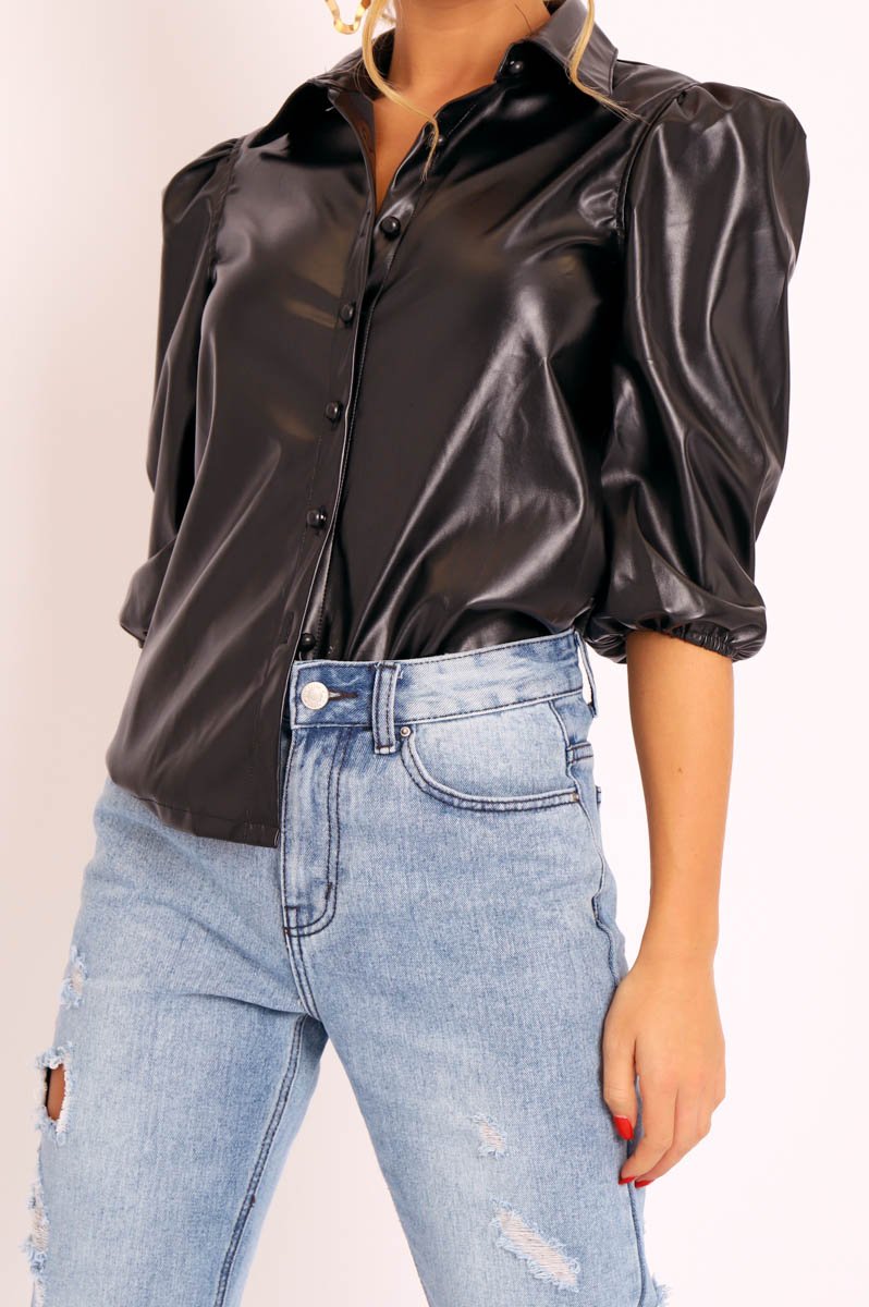 Black PU leather 3/4 Puff Sleeve Shirt - Pyper-Shirts