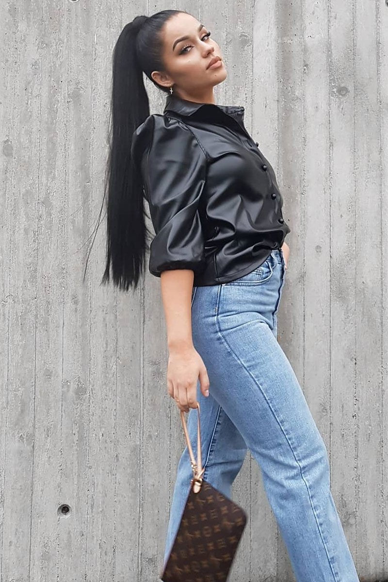 Black PU leather 3/4 Puff Sleeve Shirt - Pyper-Shirts