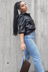 Black PU leather 3/4 Puff Sleeve Shirt - Pyper-Shirts