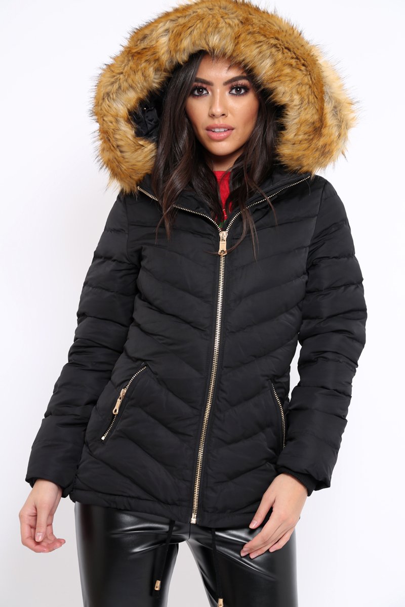 Black Padded Coat With Faux Fur Trim Hood - Jocelyn-Coats
