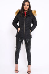Black Padded Coat With Faux Fur Trim Hood - Jocelyn-Coats