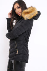 Black Padded Coat With Faux Fur Trim Hood - Jocelyn-Coats