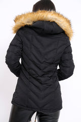 Black Padded Coat With Faux Fur Trim Hood - Jocelyn-Coats
