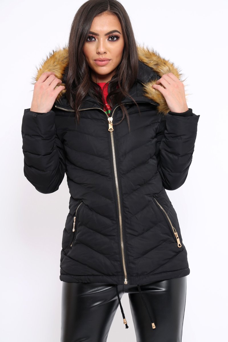Black Padded Coat With Faux Fur Trim Hood - Jocelyn-Coats