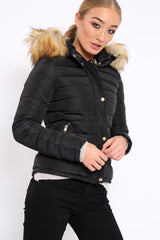 Black Padded Coat with Fur Trim Hood - Helena-Coats