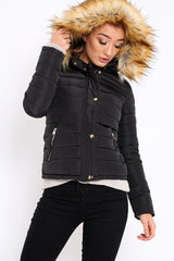 Black Padded Coat with Fur Trim Hood - Helena-Coats
