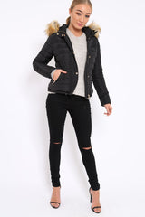 Black Padded Coat with Fur Trim Hood - Helena-Coats