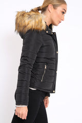 Black Padded Coat with Fur Trim Hood - Helena-Coats