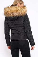 Black Padded Coat with Fur Trim Hood - Helena-Coats