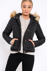 Black Padded Coat with Fur Trim Hood - Helena-Coats