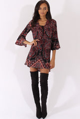 Black Paisley Print Flared Sleeve Dress - Pia-Dresses