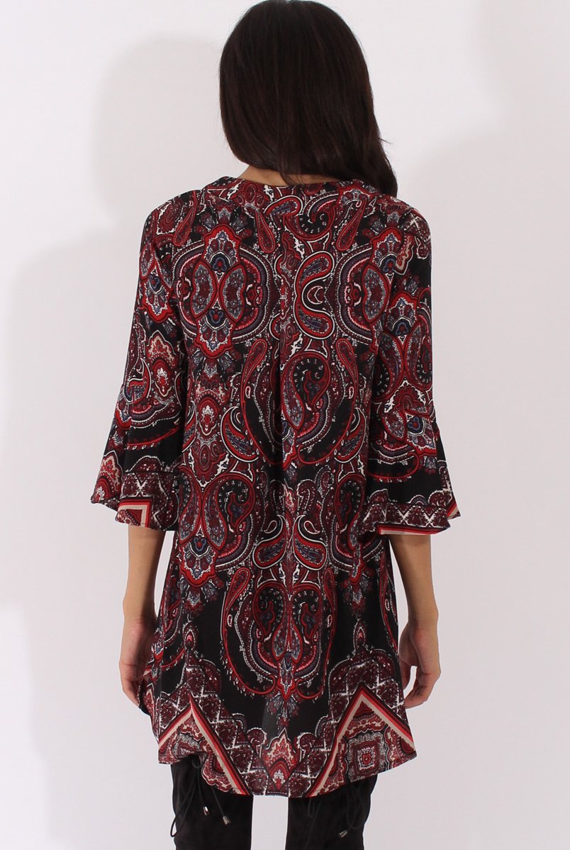 Black Paisley Print Flared Sleeve Dress - Pia-Dresses