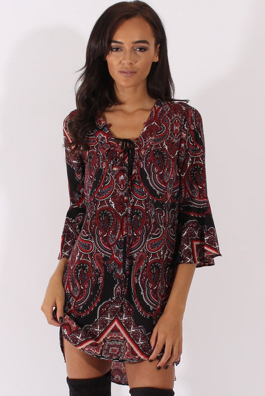 Black Paisley Print Flared Sleeve Dress - Pia