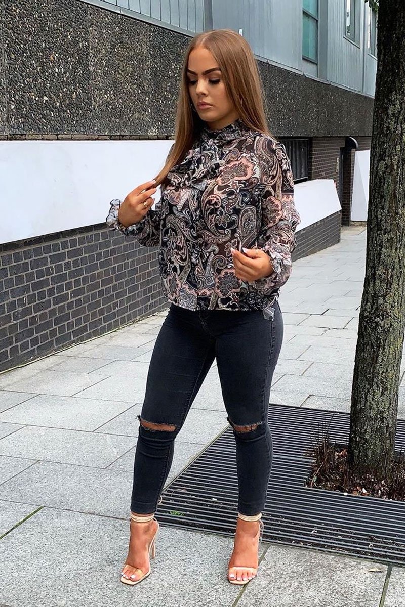 Black Paisley Print Sheer Shirt - Zemira-Shirts