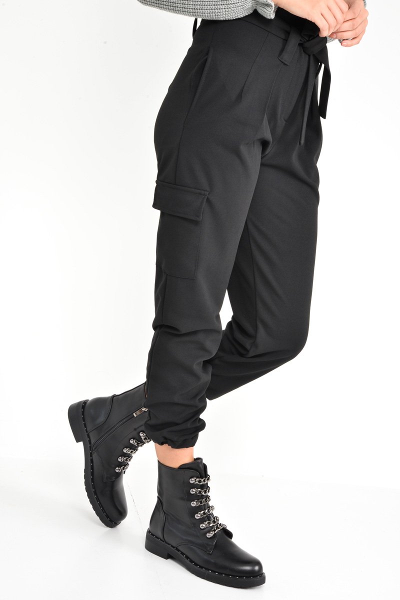Black Paper Bag Cargo Pocket Trousers - Brette-Trousers